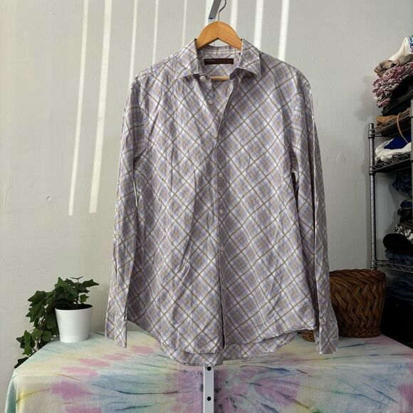 PERRY ELLIS Men's Plaid Shirt - lavender & tan plaid button down shirt LARGE - Picture 7 of 7